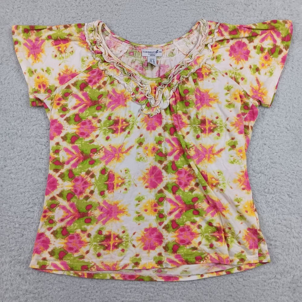 Caribbean Joe Top Ruffle Scoop Neck Women XL Petite Multicolor Tie Dye RN 34570